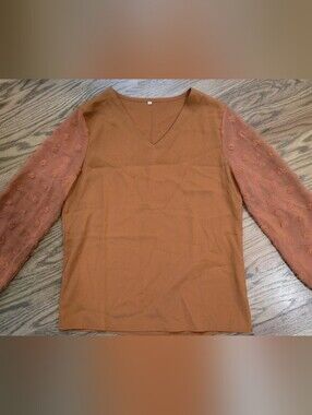 V-Neck Top with Sheer Embroidered Sleeves - Rust